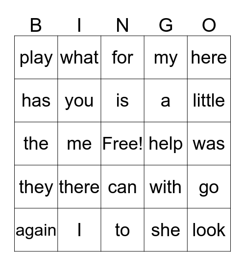 Sight Words Bingo Card