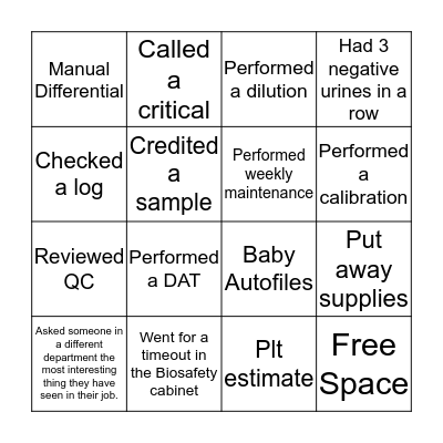 Lab Bingo MLT Bingo Card