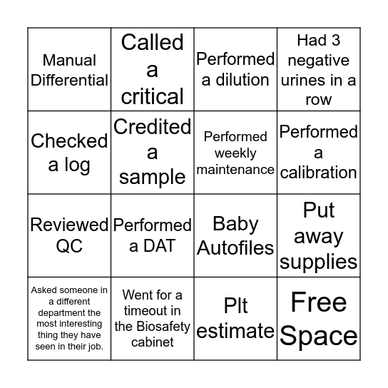 Lab Bingo MLT Bingo Card