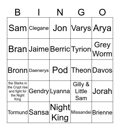 The Battle of Winterfell Bingo Card