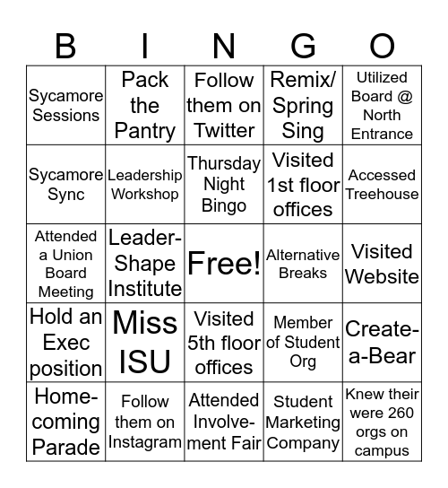 Campus Life & Union Board Bingo Card