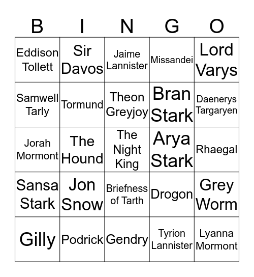 Game of Thrones Deaths Bingo Card
