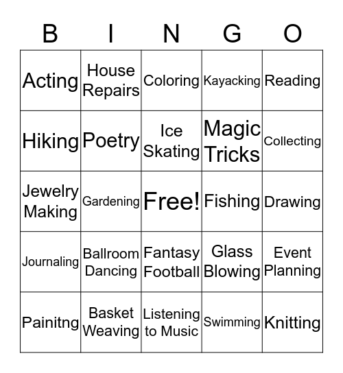 Leisure Exploration Bingo Card