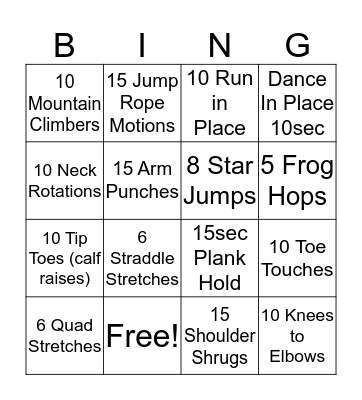Fitness Bingo Card