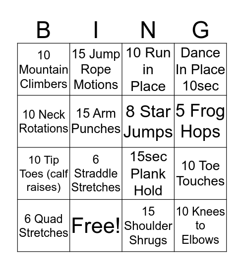 Fitness Bingo Card