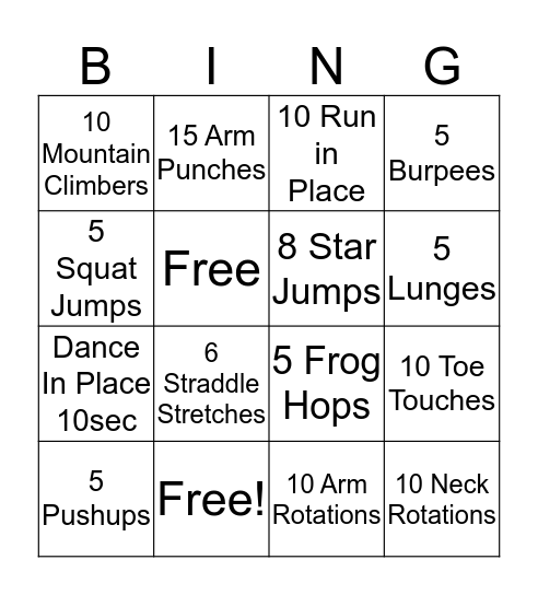 Fitness Bingo Card