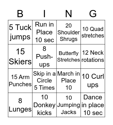 Fitness Bingo Card