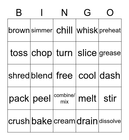 Cooking Terms Bingo Card