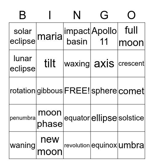 Earth-Sun-Moon System Bingo Card