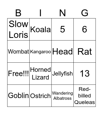 Amazing Animal Bingo Card