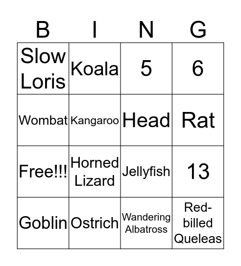 Amazing Animal Bingo Card