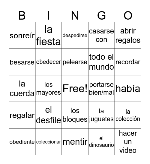 La niñez vocab Bingo Card