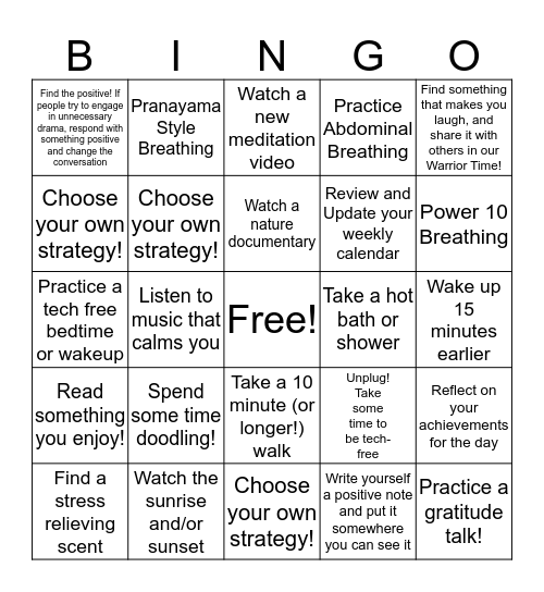 Stress/Anxiety Management Bingo! Bingo Card
