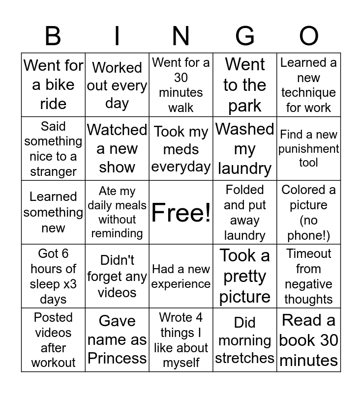 Good Girl Bingo Card