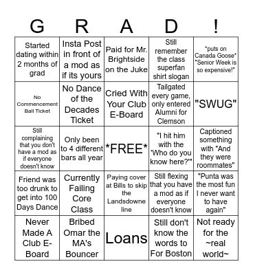 Washed Up Senior Bingo Card