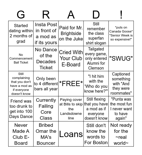 Washed Up Senior Bingo Card