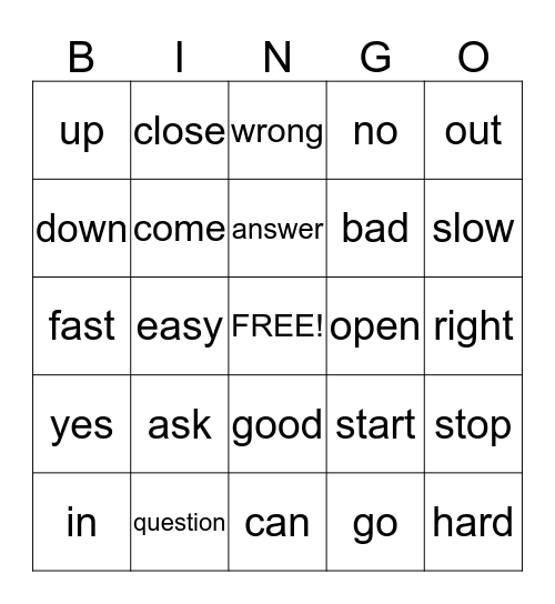 Opposites Bingo Card