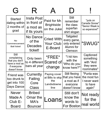 Washed Up Senior Bingo Card