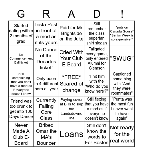 Washed Up Senior Bingo Card