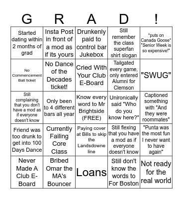 Washed Up Senior Bingo Card