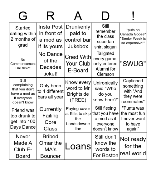 Washed Up Senior Bingo Card