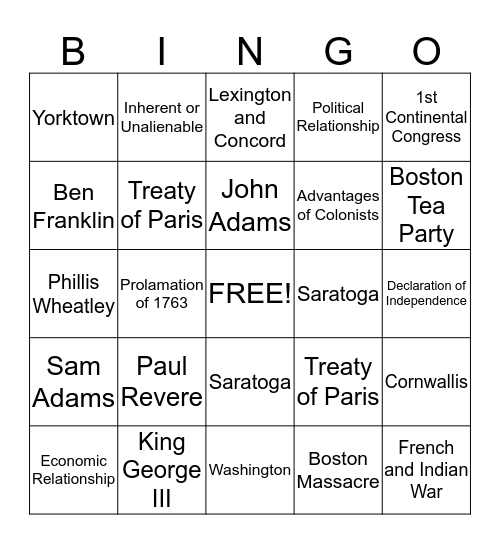 American Revolution Bingo Card