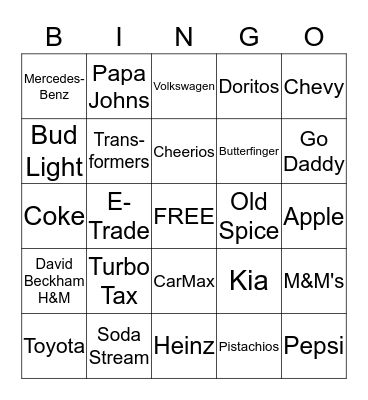 Super Bowl Commercial Bingo Card