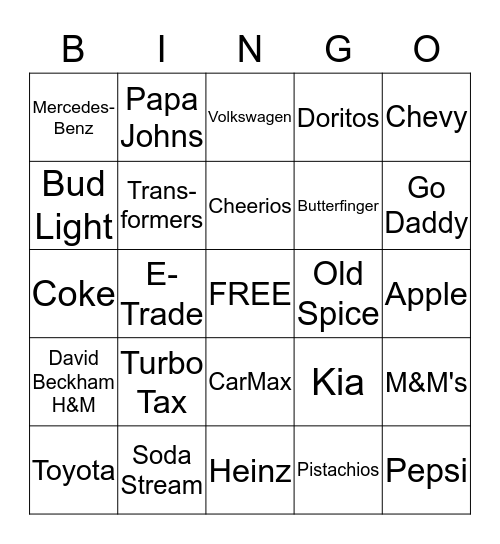 Super Bowl Commercial Bingo Card