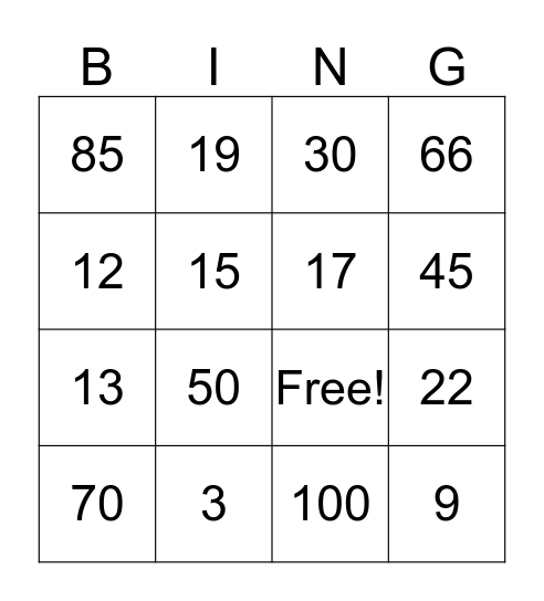 NUMBERS Bingo Card