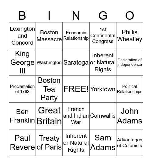 American Revolution Bingo Card