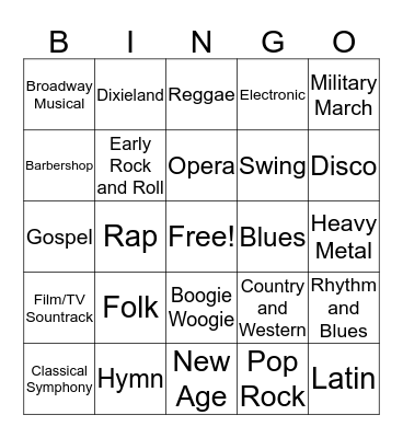 Music Styles Bingo Card