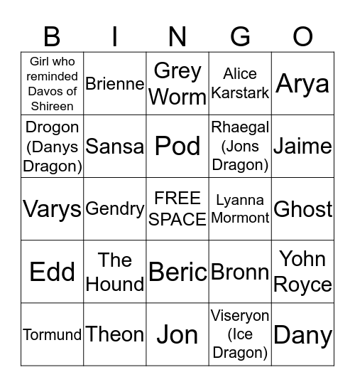 BATTLE OF WINTERFELL DEATH BOARD Bingo Card