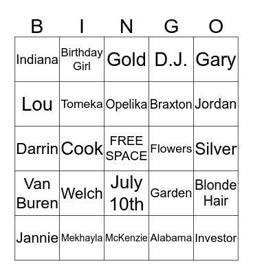 Janne Welch Birthday Bingo Card