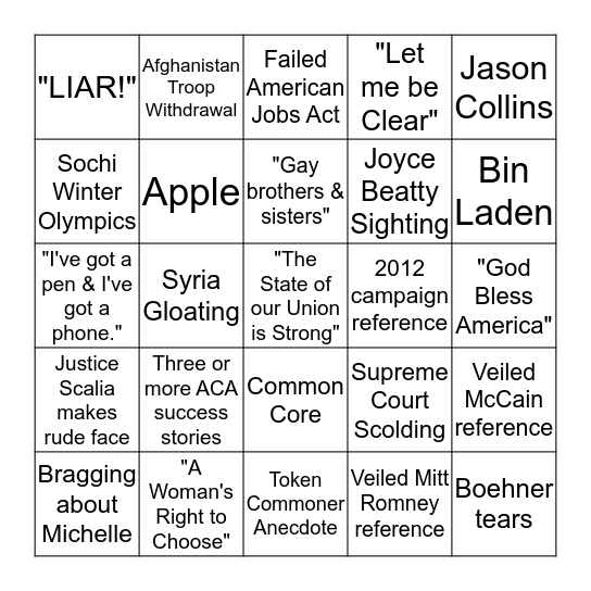SOTU 2014 Bingo Card