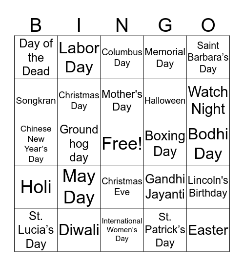 Holidays Bingo Card