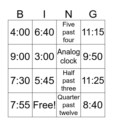 Time Bingo! Bingo Card