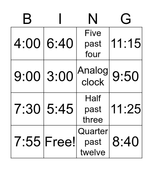 Time Bingo! Bingo Card