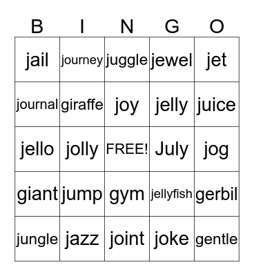 J Bingo (initial) Bingo Card