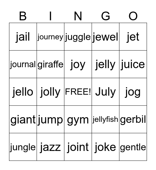 J Bingo (initial) Bingo Card