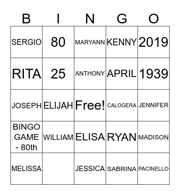 CAROLE 80 Bingo Card