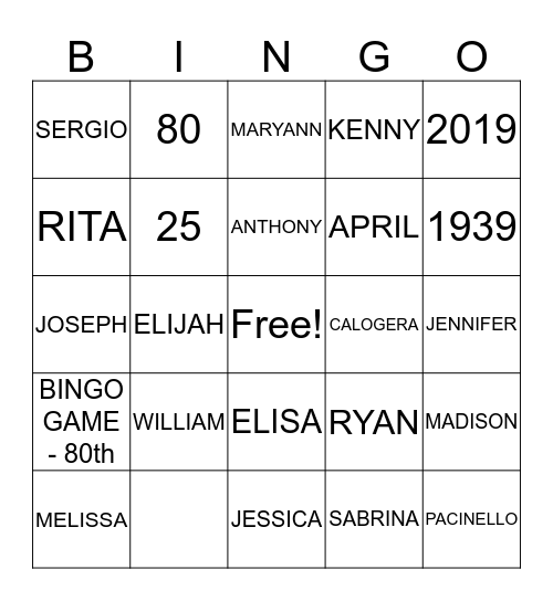 CAROLE 80 Bingo Card