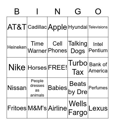 Super Bowl Commercials Bingo Card