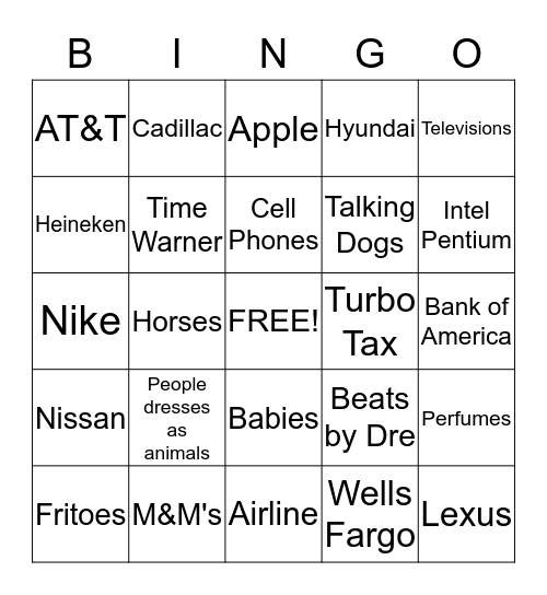 Super Bowl Commercials Bingo Card