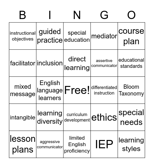 Education Professions BINGO Card