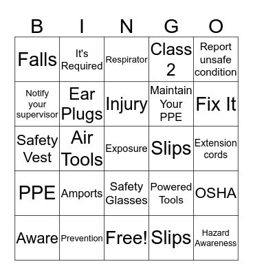 Safety Bingo Card