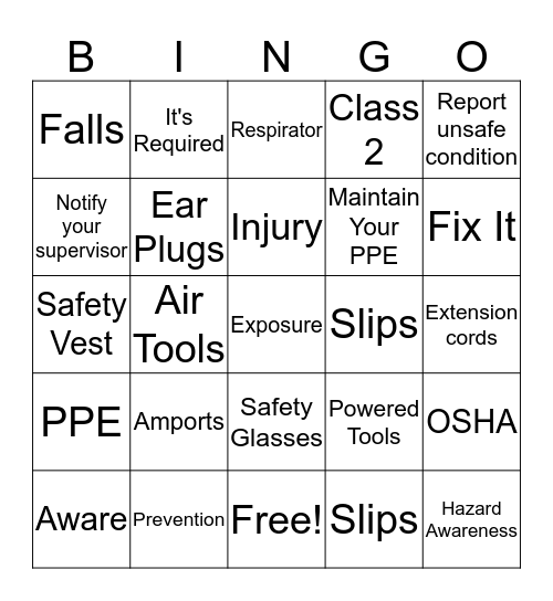 Safety Bingo Card
