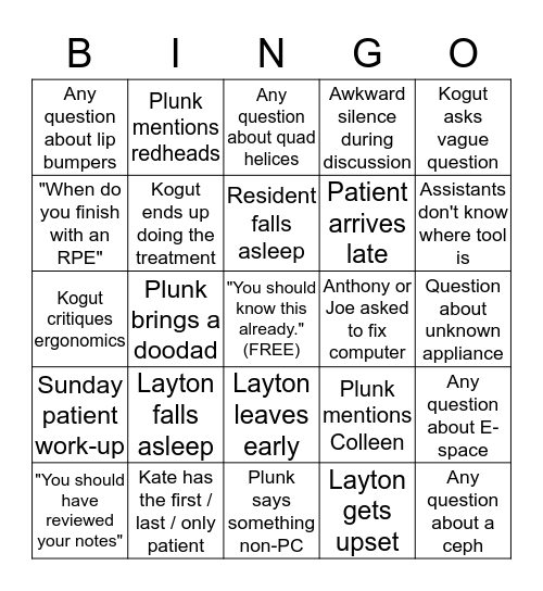 Baylor Ortho Bingo Card