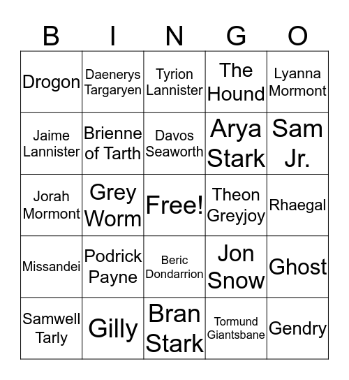 Battle of Winterfell Bingo Card