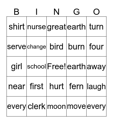 er/ir/ur Bingo Card
