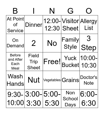 Food Program Bingo Card